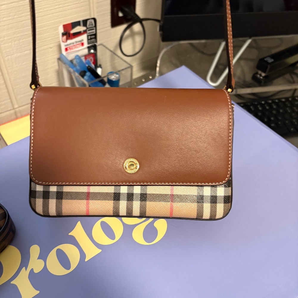 Burberry Tan and Beige Check Crossbody Bag